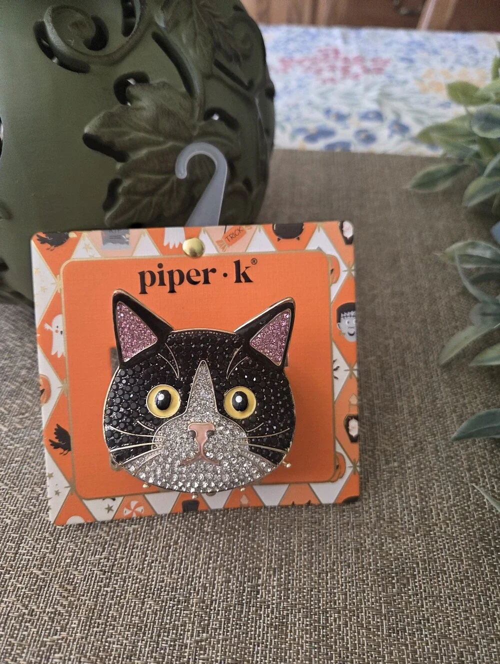 Piper Black, Pink & Gold Cat Face Pin P Crystal Accents